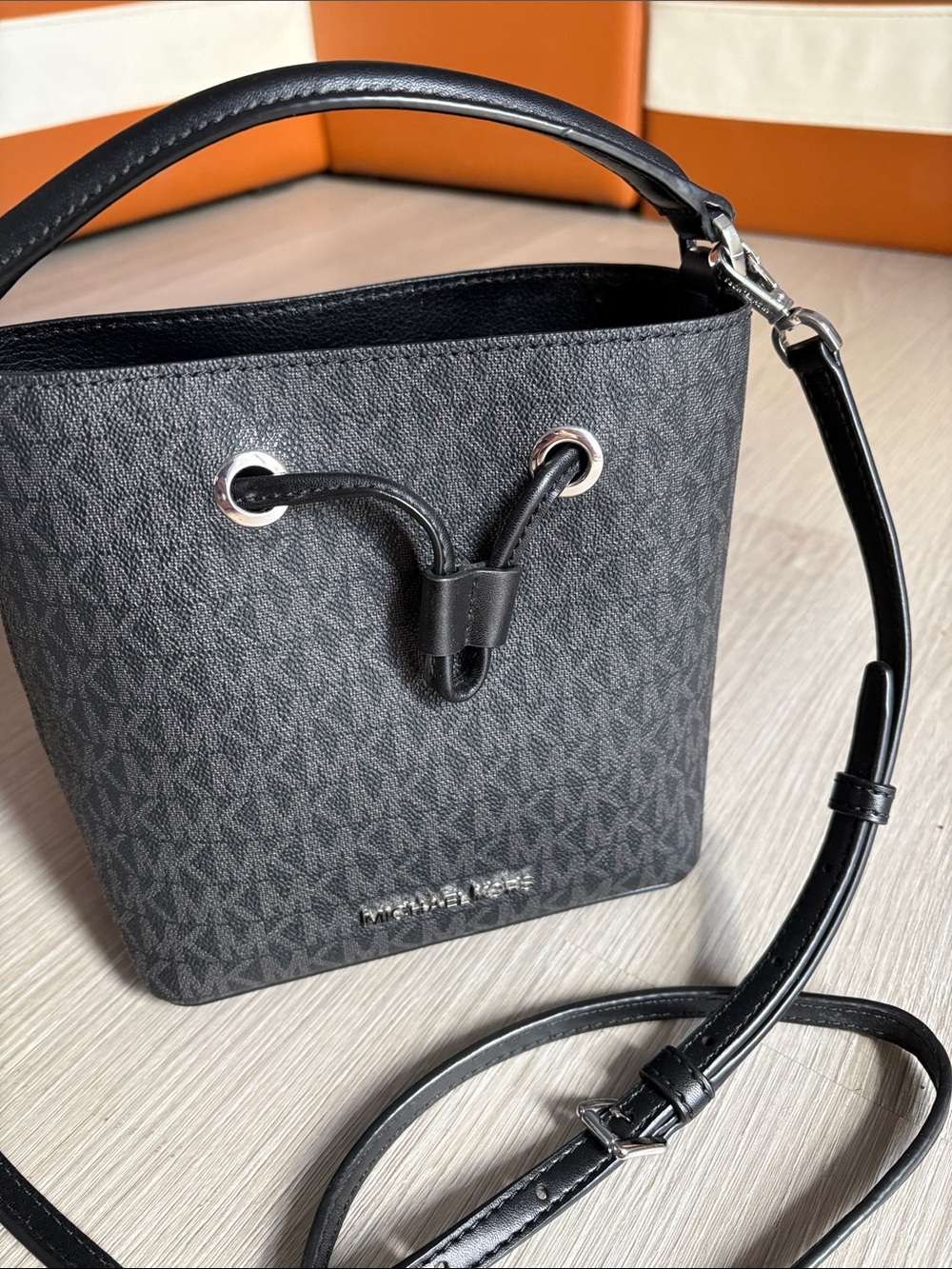 Michael Kors Gray MK Monogram Drawstring Bucket Bag - Picture 4 of 7